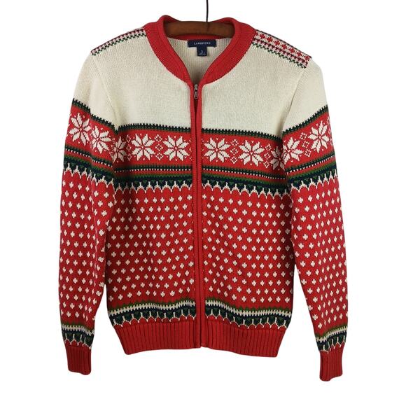 Lands End GIRLS SZ XL/16 100% Cotton Holiday Fair Isle Zip Front Sweater - Picture 2 of 5